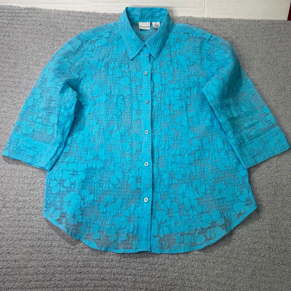 Kim Rogers Button‎ Up Floral Burnout XL Blue Coastal Mermaidcore Y2K Tropical